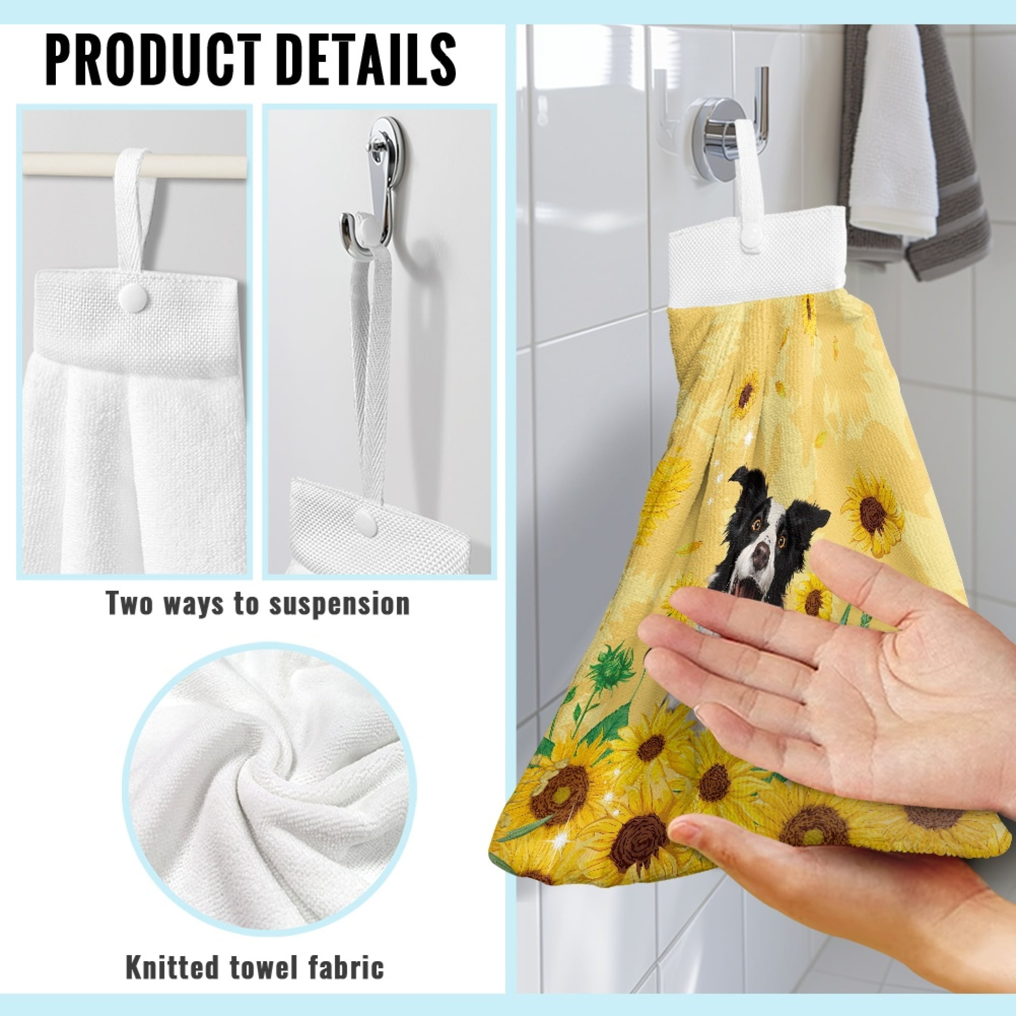 ZIATUBLE Sunflower Hand Drying Towels Border Collie Hanging Kitchen Dish Towel Absorbent Bathroom Hand Bath Towel 3 Pcs Easy to Install Dish Towel Hand Towels Dish Cloth Decor Accessories
