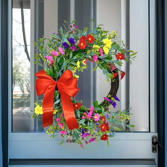 Corona de anillo de flores de simulación de cesta de flores de primavera | Decoración de cesta de puerta de vegetación artificial | Material plástico | Sin desvanecimiento | Decoración de bodas de