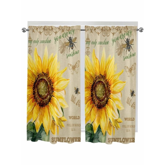 Vintage Sunflower Living Room Curtains 2 Panel, Pastoral Floral Retro Art Watercolor Cafe Window Treatment, Extra Long Farmhouse Bedroom Bathroom Kitchen Curtains Drapes 104"x72"
