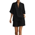 thumbnail image 4 of Bosfbaoi Two Piece Sets for Women Linen Blend Relaxed Fit Casual Outfit Set V-Neck Kimono Sleeve Tops Elastic Waist Shorts Summer Outfits Matching Sets Women Clothing, 4 of 8
