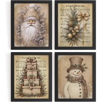 Hieng Vintage Christmas Wall Decor,Trendy Christmas Retro Posters for Room, Santa Snowman Deer Nutcracker Xmas Wall Art Prints for Living Room Kitchen Bedroom Office Set of 4 Unframed