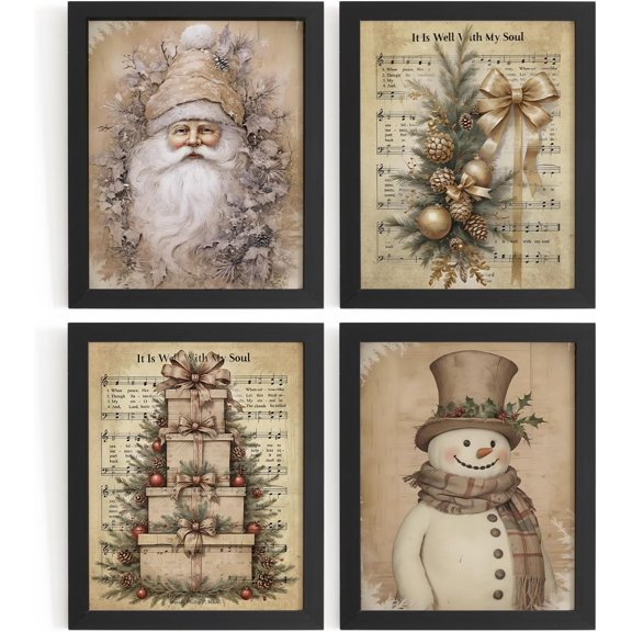 Hieng Vintage Christmas Wall Decor,Trendy Christmas Retro Posters for Room, Santa Snowman Deer Nutcracker Xmas Wall Art Prints for Living Room Kitchen Bedroom Office Set of 4 Unframed
