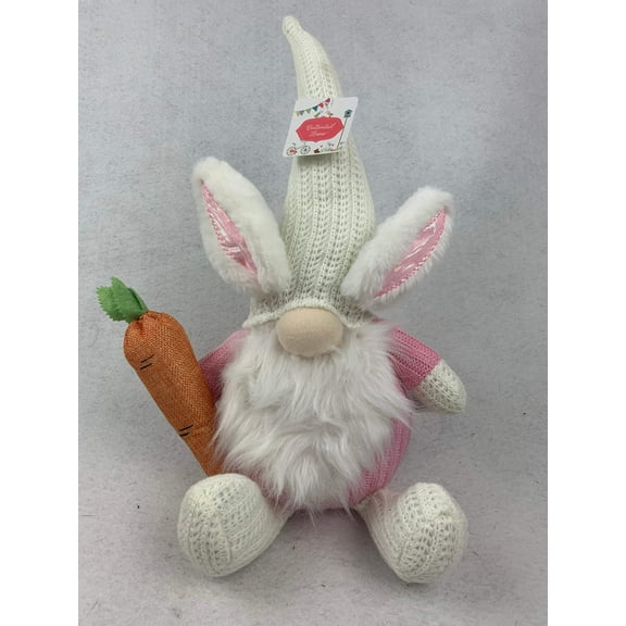 Easter Plush Gnome Wearing Bunny Ears and Holding Large Carrot