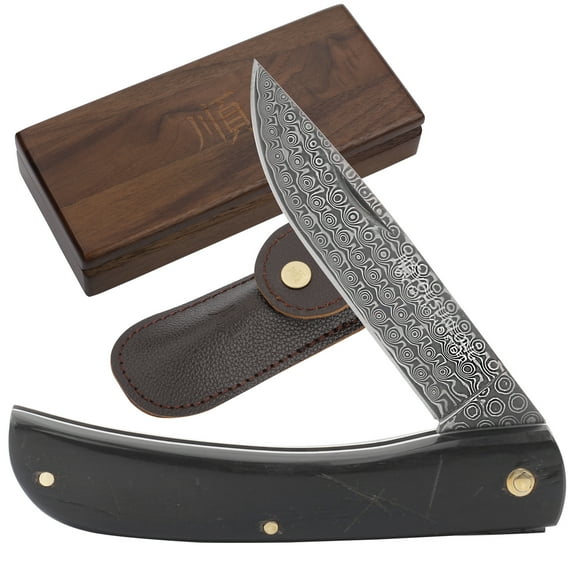YOUSUNLONG Folding Knife - Pocket Knife Overall 190mm Japanese Damascus Steel Blade Natural Buffalo Horn Handle