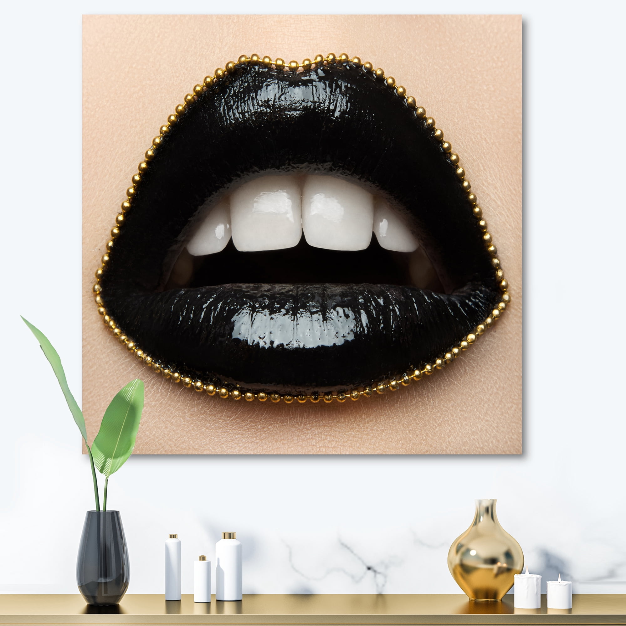 Designart ' Woman Lips With Black Lipstick & A Gold Chain ' Modern Canvas Wall Art Print