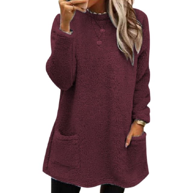 LUXUR Women Fuzzy Fleece T Shirt Loose Work Tops Brick Red 2XL
