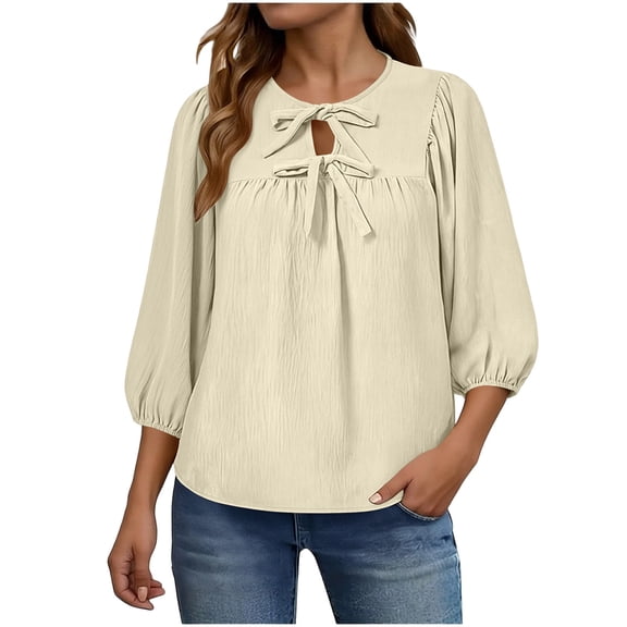 CYMMPU Women's Summer Basic 3/4 Sleeve Crew Neck Blouse Top, Casual Lightweight Long Sleeve Top for Ladies Beige S