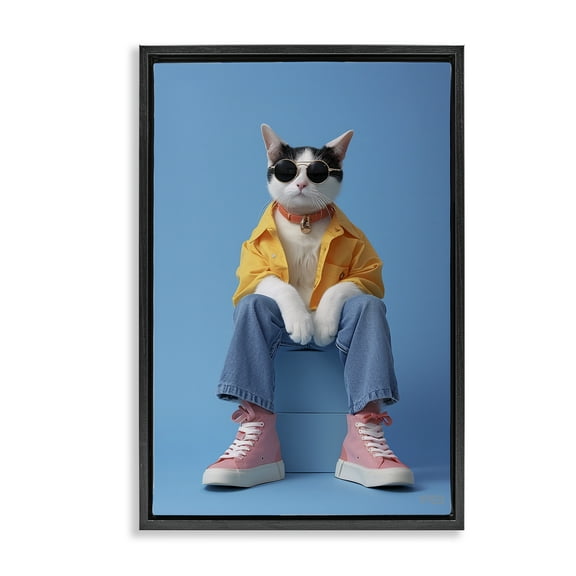 Stupell Industries Urban Fashion Cat Animals & Insects Painting Black Floater Framed Canvas Art Print Wall Art, 17 x 25