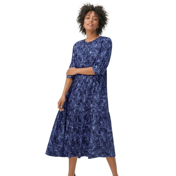 ellos Women's Plus Size Tiered Cotton Midi Dress - 22/24, Blue Violet Print
