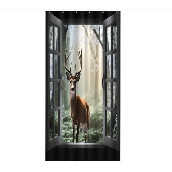 RKSupls Waterproof Shower Curtain, Deer Window Forest Polyester Shower Curtain with Hooks for Chic Elegant Home Bathtub Bathroom Decor Washable