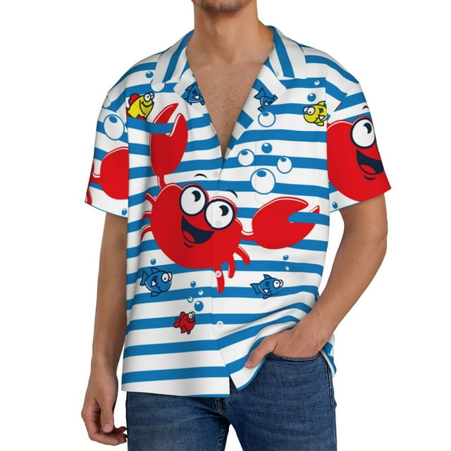 Fotbe Red Funny Crab on Blue Stripe Camisa Estampada de Manga Corta para Hombre, Casual de Verano, Estilo Playero, Sin Arrugas-X-Large
