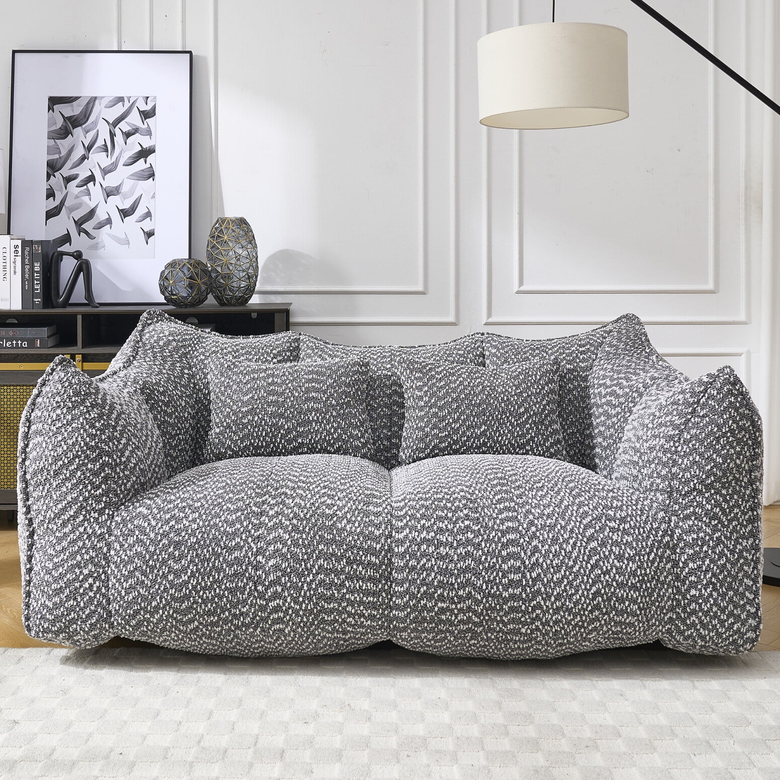 Giant Bean Bag Chair Sofa for Two, Oversized Foam-Filled Floor Loveseat with Chenille Fabric, Grey Recliner for Living Room, Bedroom, Apartment