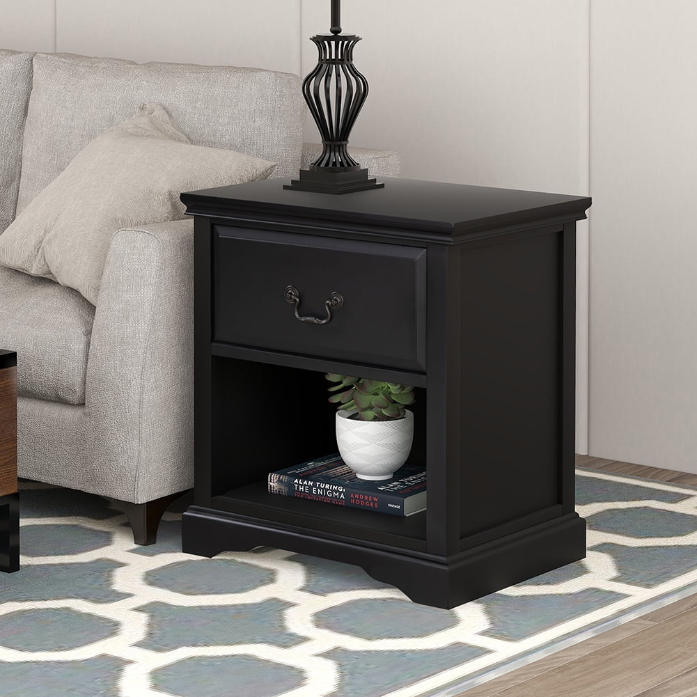 Lowestbest Modern Solid Wood Bedside Table, Living Room Side Table Coffee Table with 1 Drawer, Black Lowestbest Modern Solid Wood Bedside Table, Living Room Side Table Coffee Table with 1 Drawer, Black