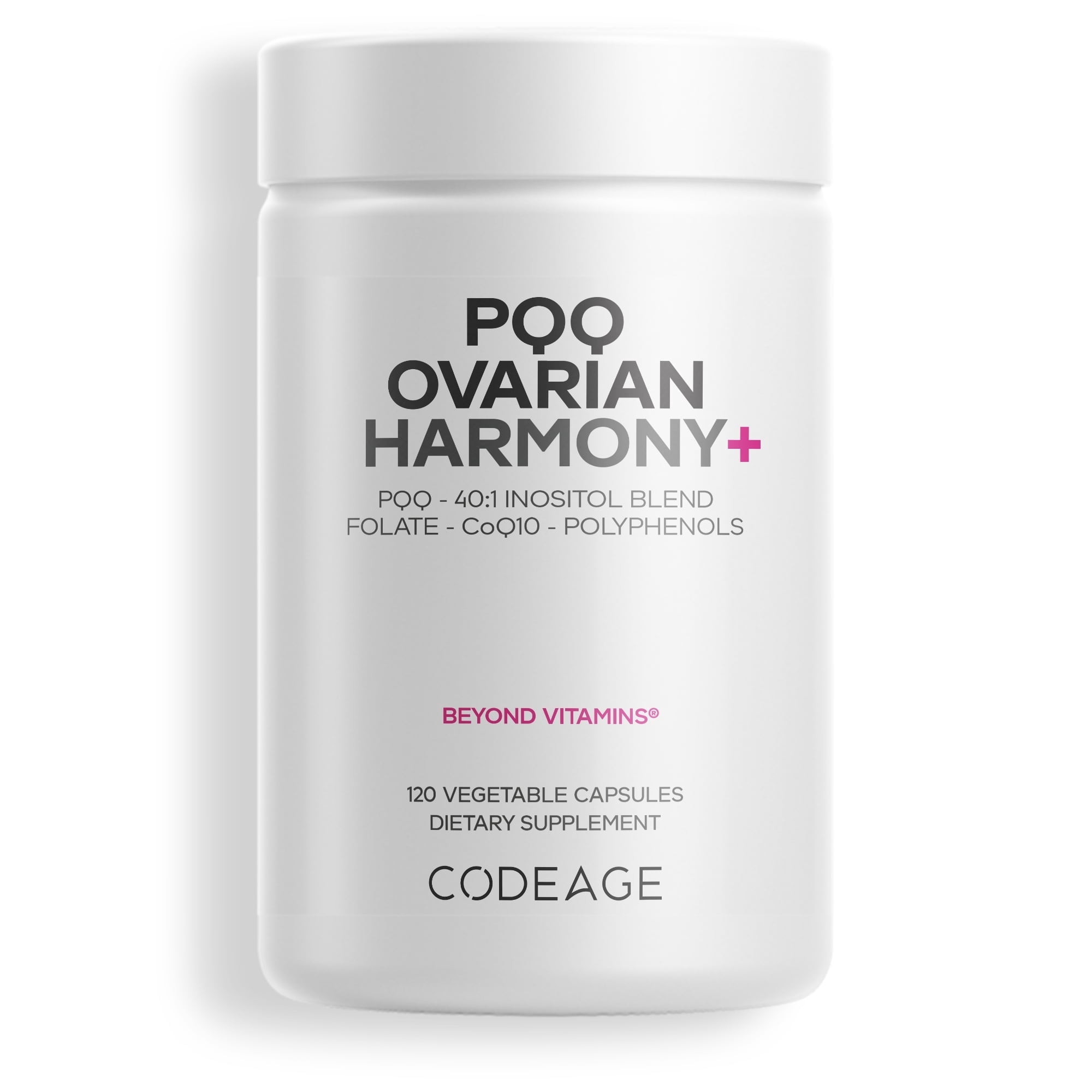 Codeage PQQ Ovarian Harmony - Myo-Inositol, D-Chiro-Inositol, Folate, CoQ10 & Pyrroloquinoline Quinone Supplement, 40:1 Blend for Hormonal Balance & Cellular Health, Non-GMO, 120 Capsules