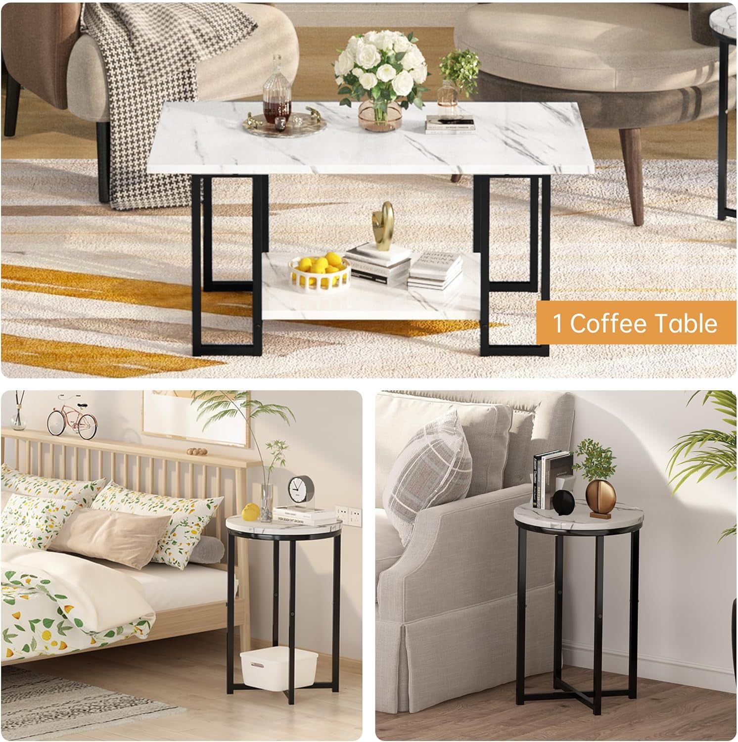 Cvortll 3-Piece Living Room Table Set, Coffee Table with 2 Round End Tables, Faux Marble Top & Metal Frame, for Apartment & Home, White