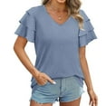 thumbnail image 4 of Scyoekwg Womens Tops Vintage V-Neck Ruffle Sleeve Elegant Shirts Casual Summer Loose Comfy Solid Color Lightweight Short Sleeve T Shirts Blouses (Light Blue,XL), 4 of 7