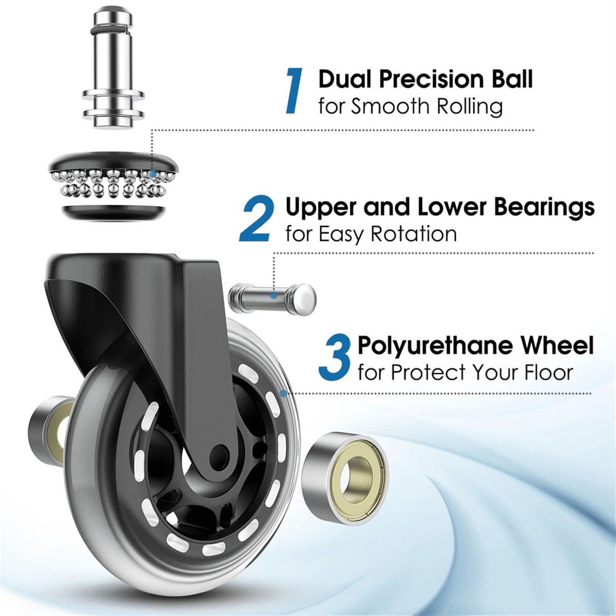 Office Chair Wheels, 3Inch Replacement Soft Mute Desk Caster Wheels for Work & Gaming Chair, Heavy Duty and Safe
