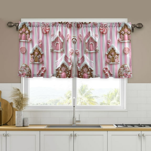Yayeee Kitchen Curtains Tier Set of 2 Light Filtering 57"x24" Over Sink Window Panels, Pink Gingerbread Houses
