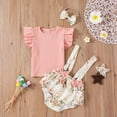 thumbnail image 4 of Conjuntos Florales De Verano Para Niña Recién Nacida, Camiseta Acanalada Con Mangas Con Volantes Y Pantalones Cortos Con Tirantes Y Diadema Methold AP007044-02, 4 of 6