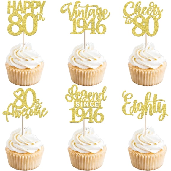80th Birthday Cupcake Toppers - Gold Glitter Picks for 80th Birthday Party Decorations, Pack of 12