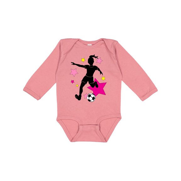 Inktastic Girl Playing Soccer- Pink and Yellow Stars Girls Long Sleeve Baby Bodysuit