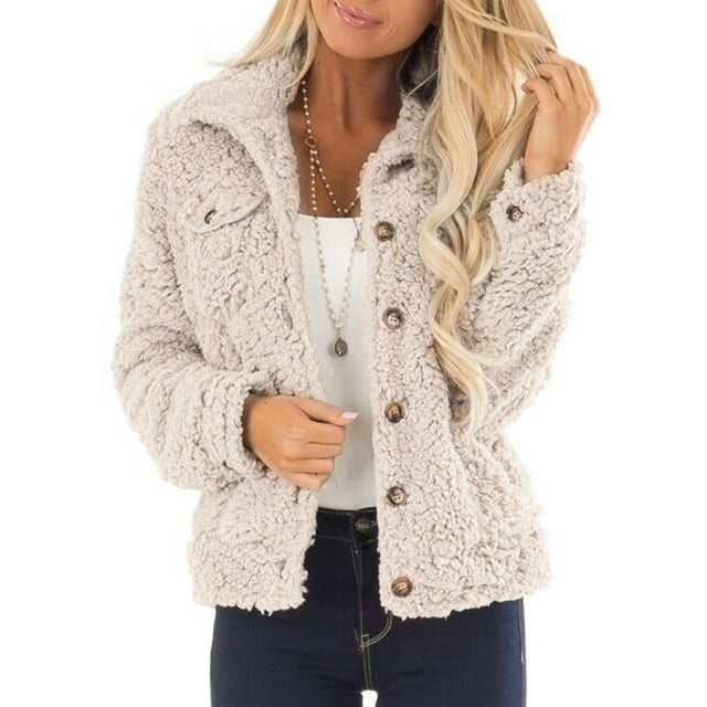 WEIYLL Womens Fleece Jacket Lamb Wool Short Cardigan Solid Color Button Down Collar Khaki Cold Weather Tops Size XL