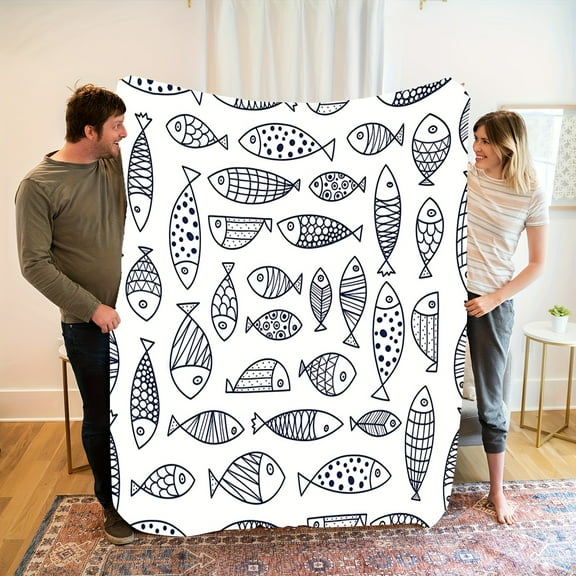 Ultra-Soft Flannel Fish Pattern Throw Blanket - Contemporary Black & White Design, Cozy for Living Room or Bedroom Decor, Machine Washable, All-Season Comfor