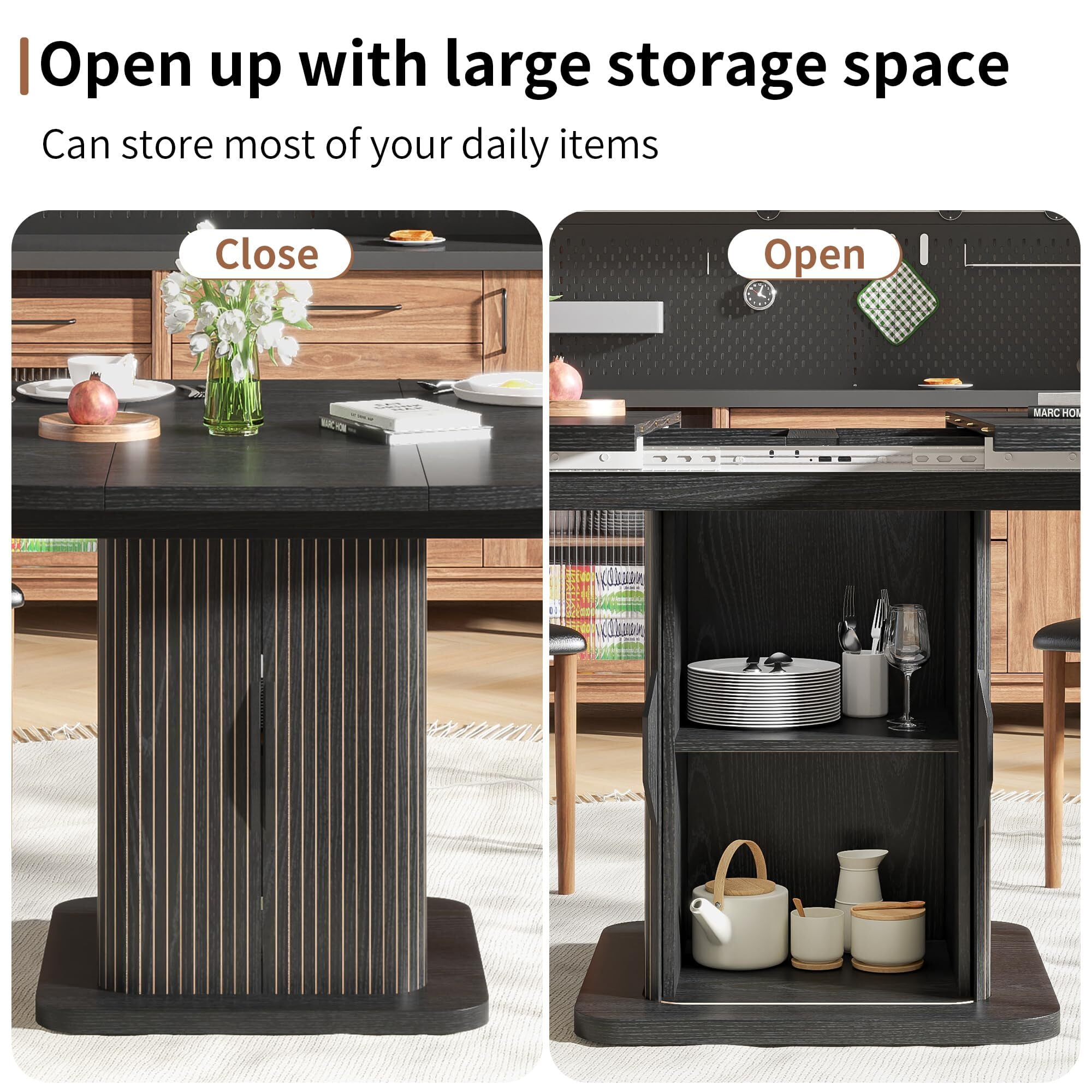Extendable Round Dining Table for 4–8, 59" Modern Kitchen Table with Storage & Fluted Wood Sliding Door, Black