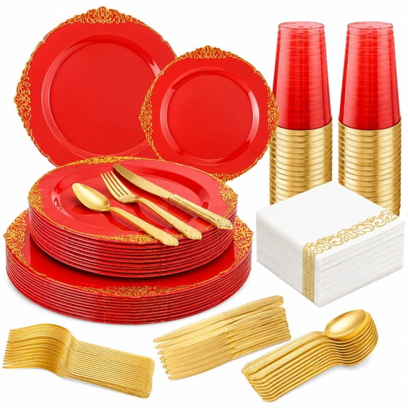 175PCS Red Plastic Plates for Party and Mother's Day: Red Disposable Plates with Gold Rim, Red and Gold Plastic Dinnerware Set Includes 50 Plates, 25 Silverware Sets, 25 Cups, 25 Napkins