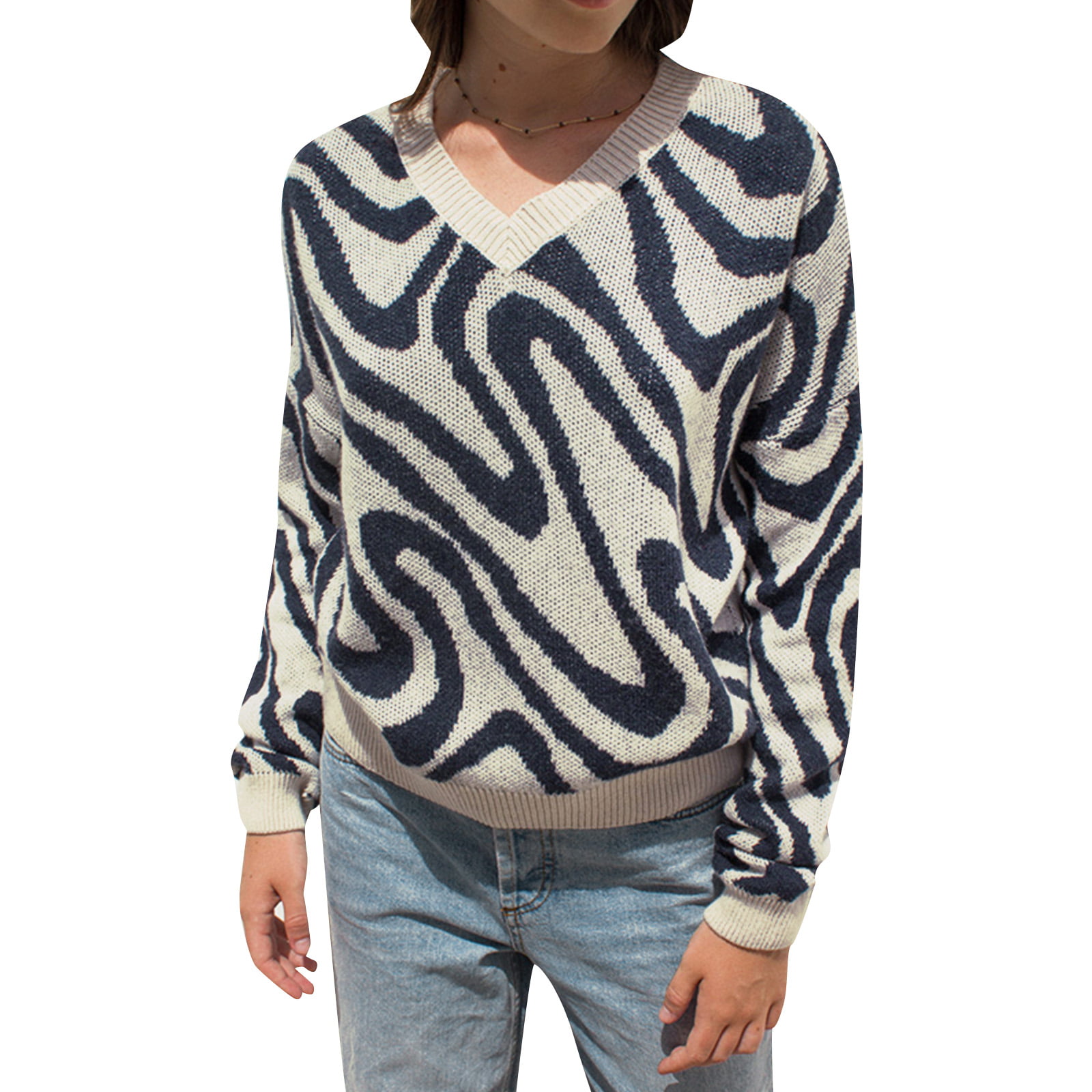 BRNEBN Womens Knit Knitted Top Contrast Womens V-Neck Knitted Top Thin Knit Pullover Blue 