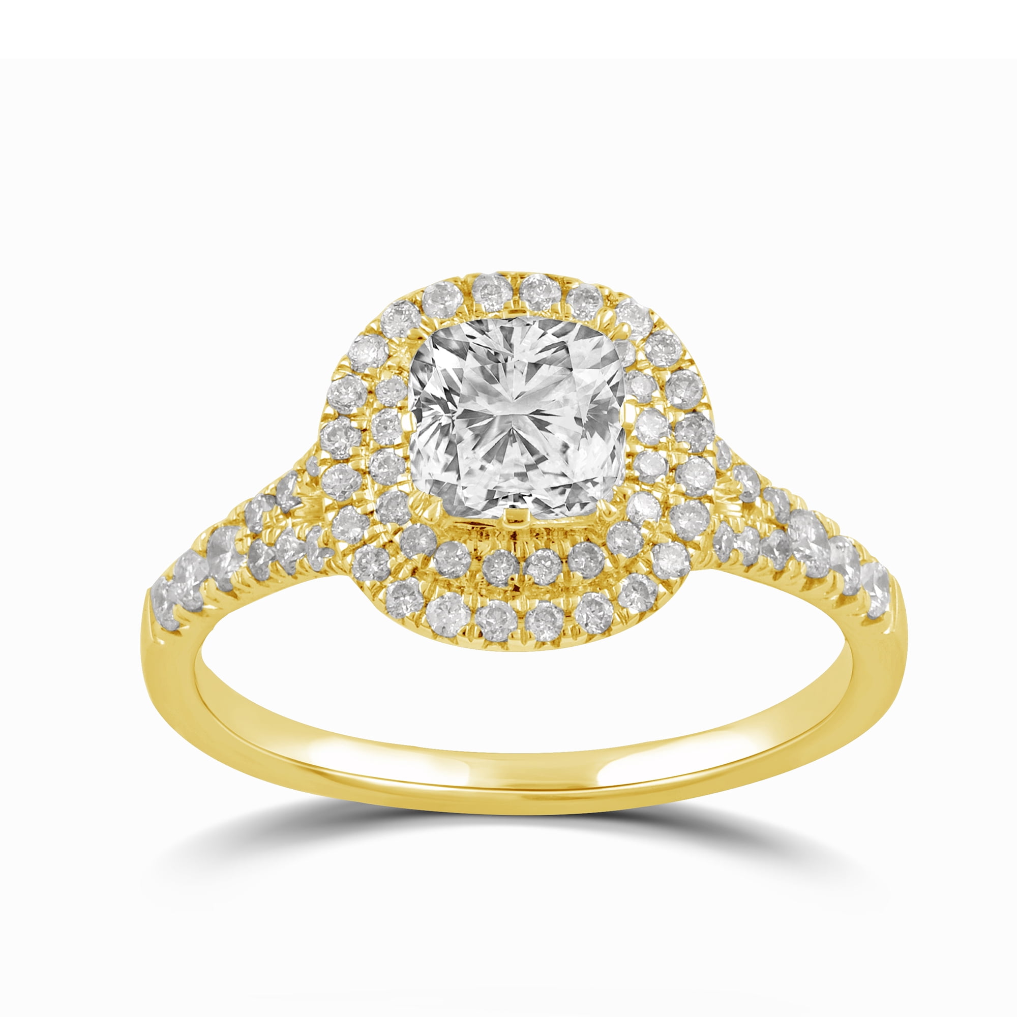 Arista 1.25 ct Cushion cut Swarovski Diamonds Double Halo Engagement Ring in Yellow plated Sterling Silver