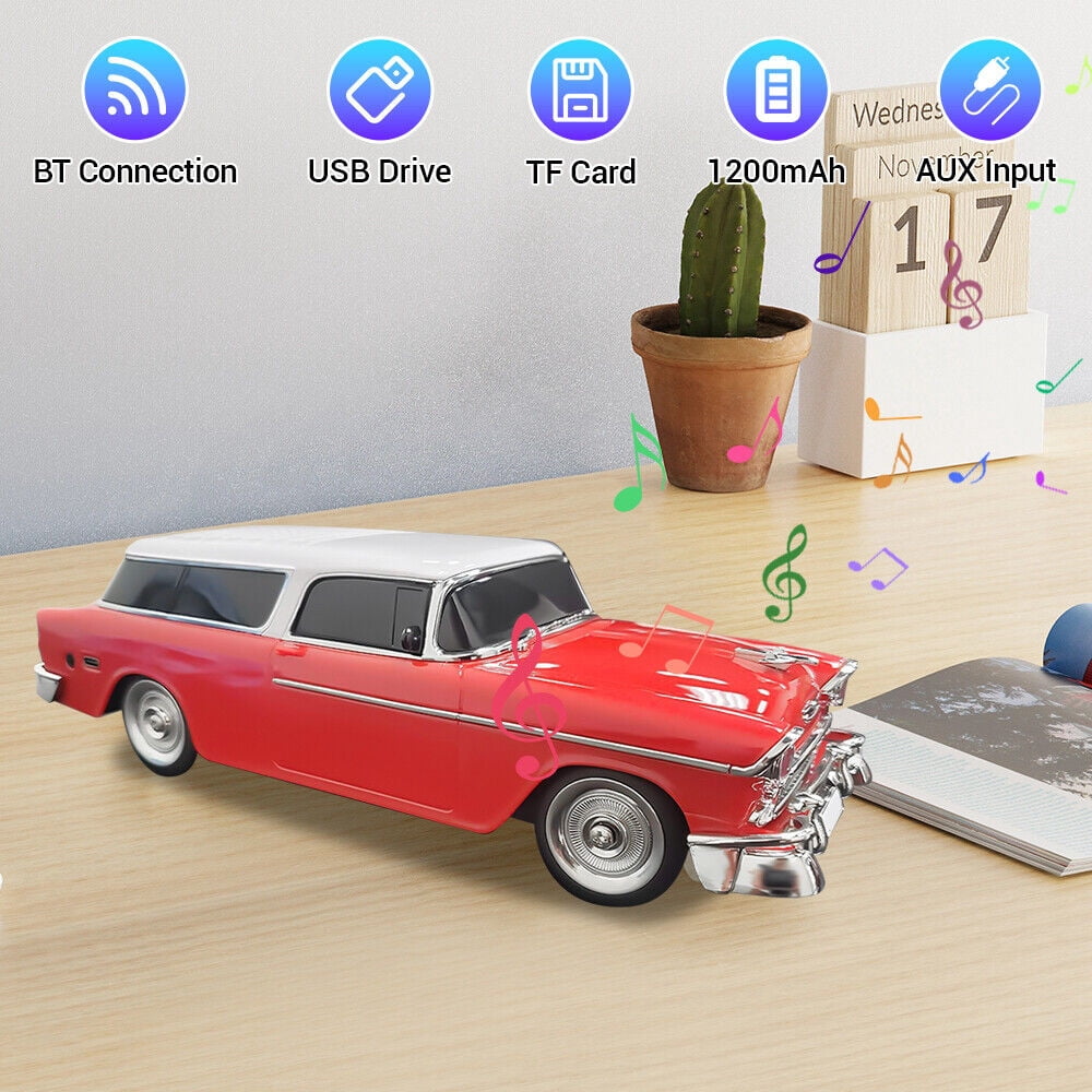 Portable Bluetooth Speaker Rechargable 1955 Vintage Retro Car Portable Wireless FM AUX USB Red