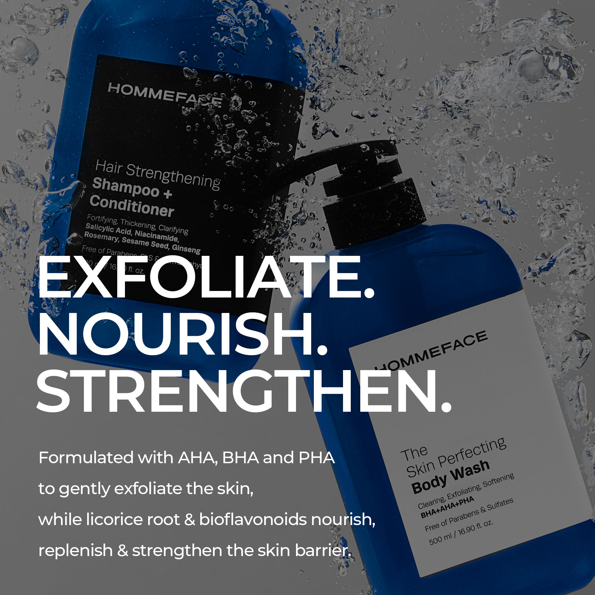 HOMMEFACE Men’s The Skin Perfecting Body Wash with Pump - Korean Skincare Technology for Body Acne with BHA, AHA, PHA, 16.9 fl. oz.