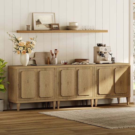 94.5" Modern Buffet Cabinet with Storage, Oak Kitchen Sideboard with Embossed Doors, Oak
