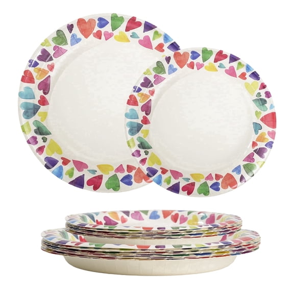 60 Pcs Paper Plates Sets Disposable, 30 Pcs 8.5inch Plates and 30 Pcs 10inch Plates, Compostable Round Multi Color Plates for Party, Valentine's Day, Microwaveable Plates for Dinner and Everyday Use