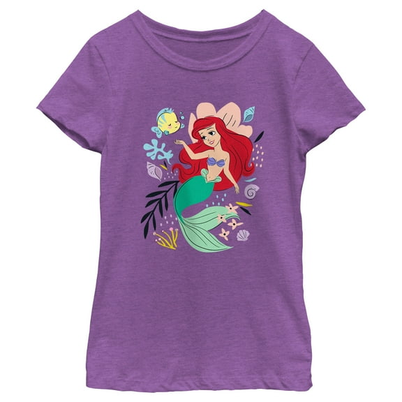 Girl's The Little Mermaid Ariel and Flounder Sea Graphic Tee Purple Berry Small