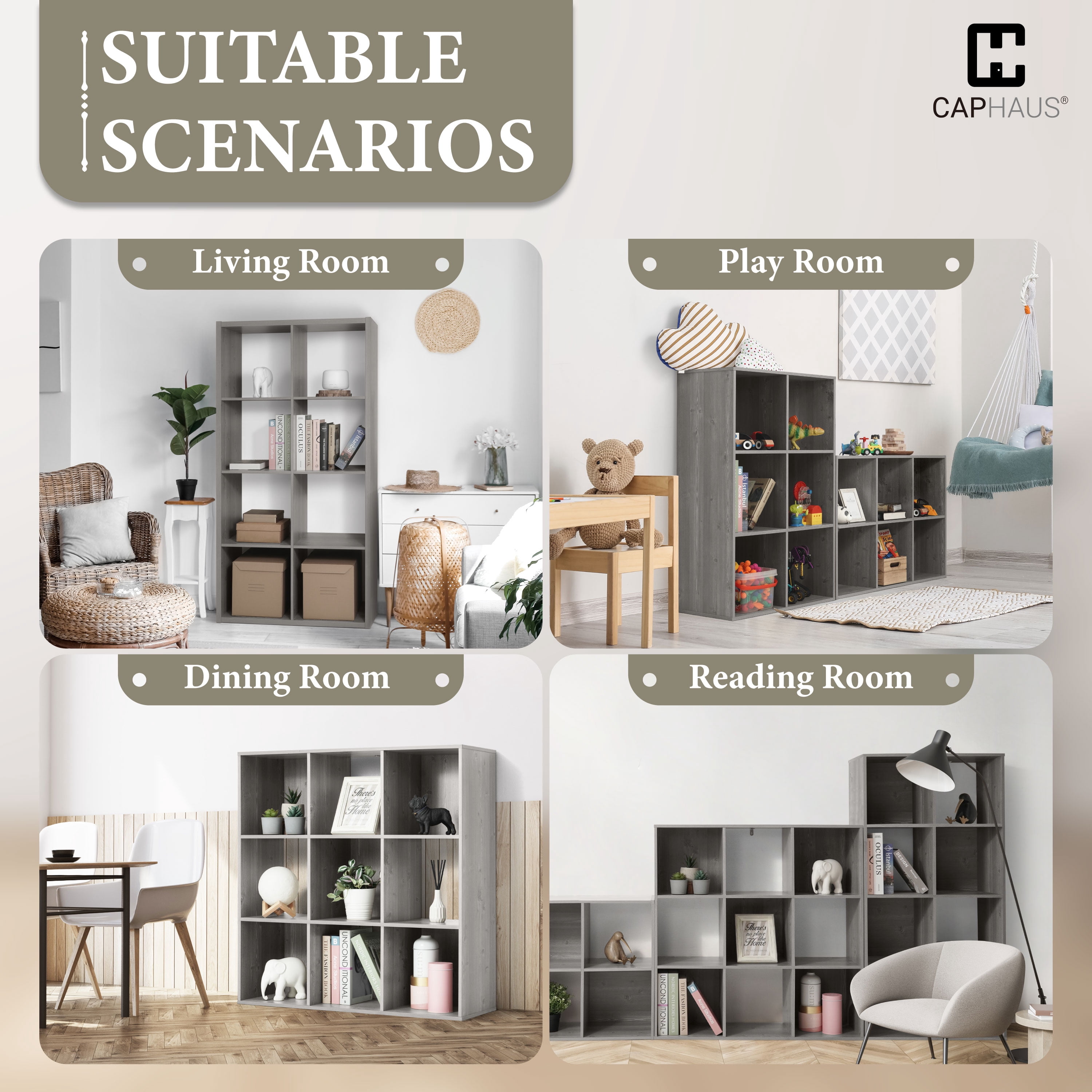 CAPHAUS Sturdy Room 11-Inch Cube Storage Organizer Shelf, with Thick Exterior Edge, Storage Shelf Divider w/ Back, Bookcase, 8-Cube, Greige Oak