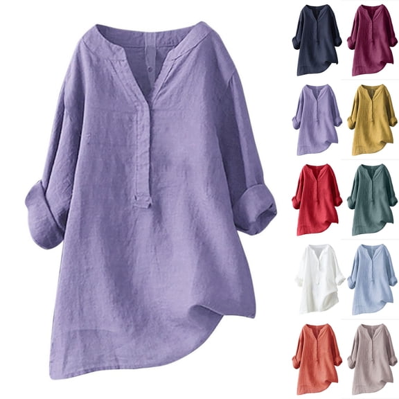 Women's Cotton Linen Tunic V Neck 3/4 Sleeve Oversized Summer Casual Blouse