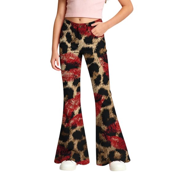 Vividxx Girls Flare Pants Leopard Print Bell Bottom With Pockets Fashionable Flare Pants For Kids Party Daily Wear Fashion 9-10 Years