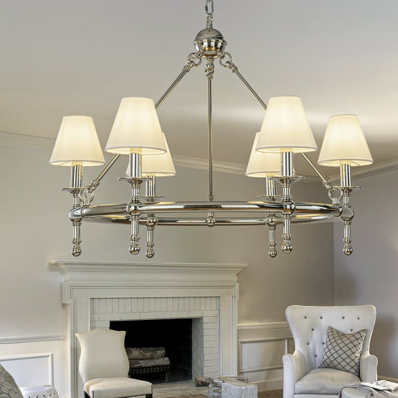 Vintage Nickel Chandelier 6-Light Classic Pendant Fixture Elegant Interior Lighting With White Shades For Dining Room Living Room