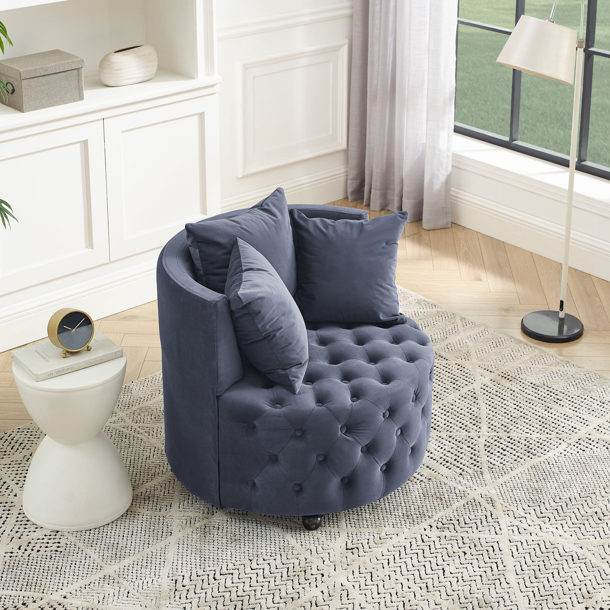 DEALTOPS Velvet Upholstered Swivel Chair for Living Room, with Button Tufted Design and Movable Wheels, Including 3 Pillows-Grey