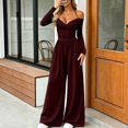 thumbnail image 5 of ClodeEU Women's V Neck Halter Tie Off Shoulder Long Sleeve Cinched Waist Wide Leg Jumpsuit ,Casual High Waist Fashion Romper ,Women's Plus S, 5 of 7