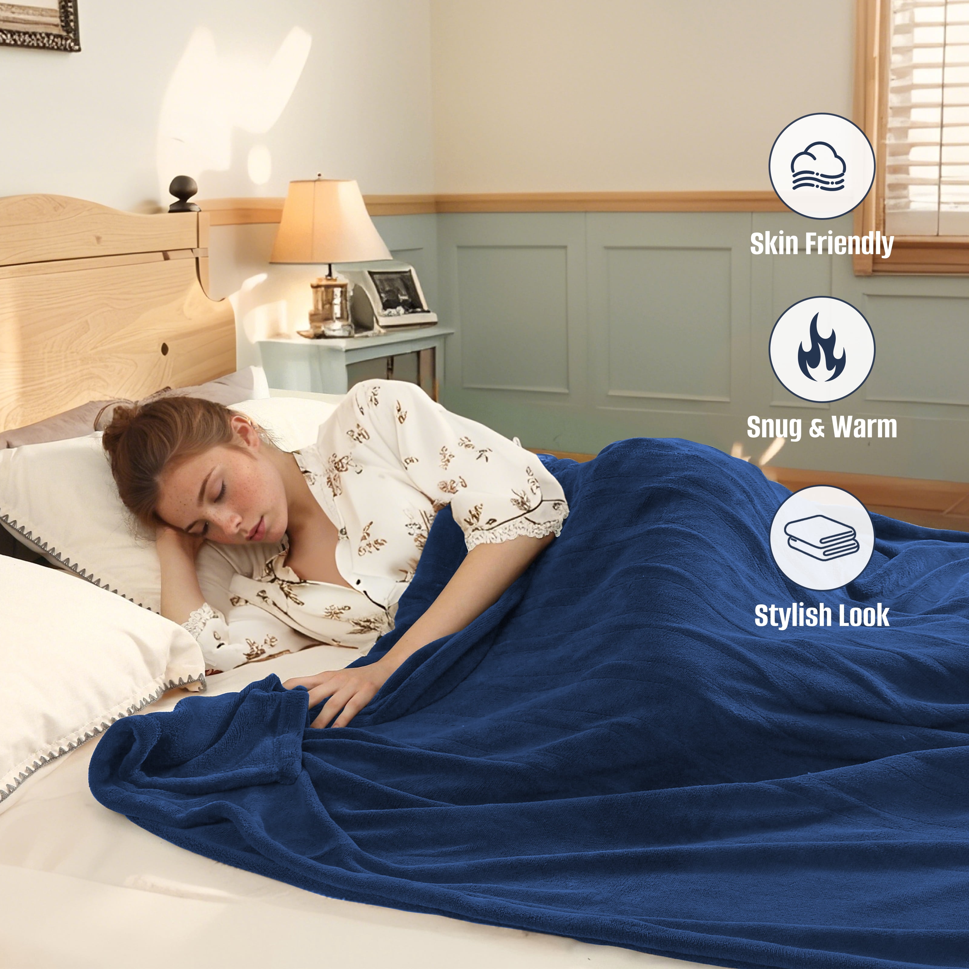 YAKEE Electric Heated Blanket 90"x100" King Size with Dual Control, 4 Heat Levels, 10-Hour Auto-off, Soft Coral Fleece, Overheat Protection, Dark Blue