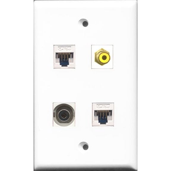 RiteAV 1 Port RCA Yellow and 1 Port 3.5mm 2 Port Cat5e Ethernet White Wall Plate