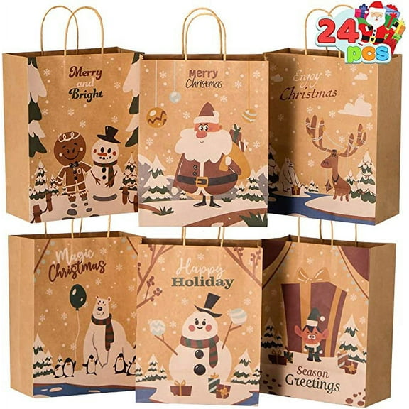 JOYIN 24 Pcs Christmas Kraft Paper Gift Bags, 10X 13 X5'' Large Gift Bags with 8 Designs for Christmas Holiday Present Wrapping Décor, Xmas Goodie Bags Party Supplies