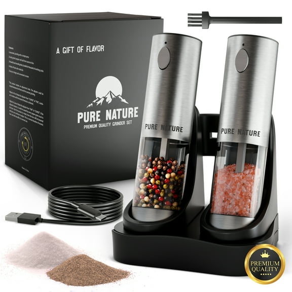 Pure Nature Salt and Pepper Grinder Set with rechargeable base. Premium Stainless Steel up-graded larger capacity with LED Lights, 5 Adjustable Coarseness, Refillable, Type-C Fast Charging.