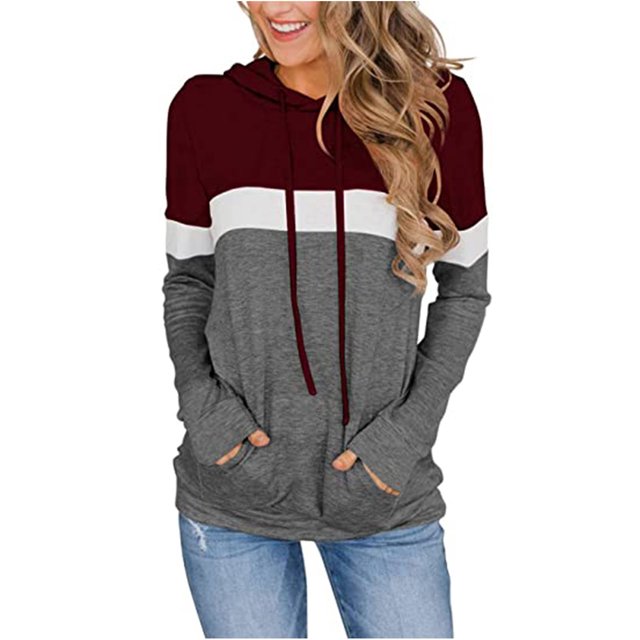 Puntoco Mujer Casual Pacthwork Manga Larga Sudaderas Cordón Pullover Capucha tops Blusa Puntoco Puntoco-705