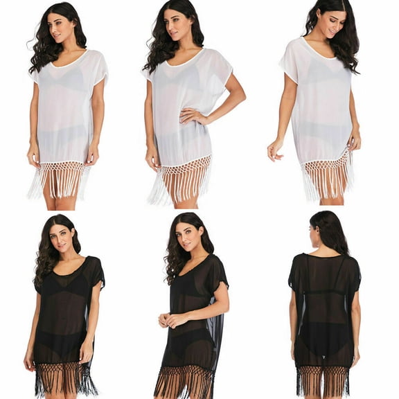 Women Beach Hot Bikini Sling Skirt Fringe Dress Swimwear Black And White