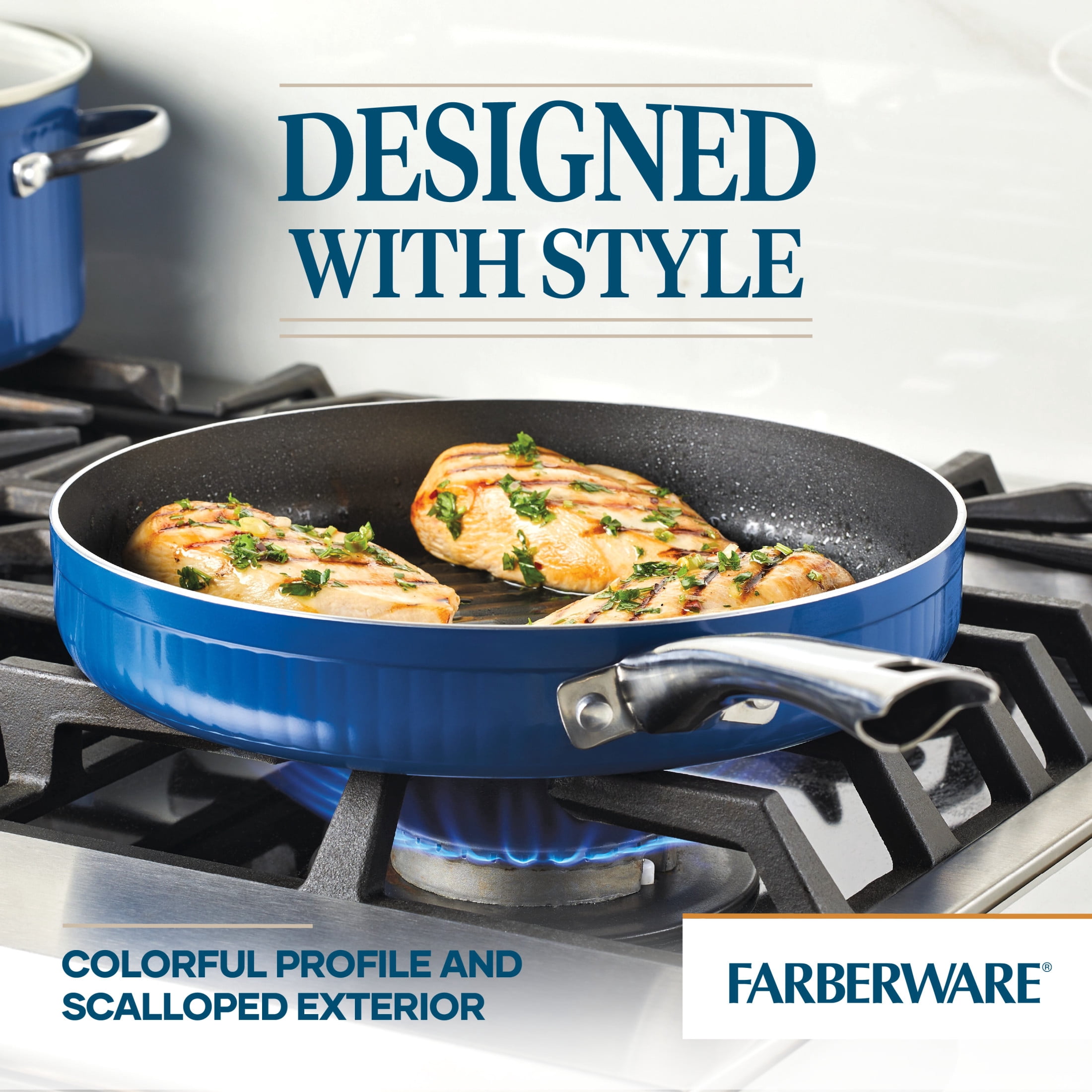 Farberware Style 11.25 Inch Nonstick Deep Round Grill Pan, Dishwasher Safe and Oven Safe to 500°F, Blue
