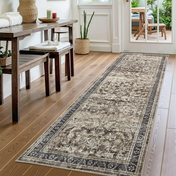 Runner Rug 2x6, Soft Vintage Floral Washable Rug Runners for Hallways Non-Slip Kitchen Runner, Low Pile Classic Carpet Runners for Bedroom Laundry Kitchen, Brown/Taupe